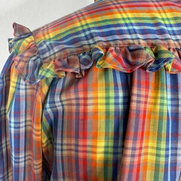 Vintage 70s 80s Ruffle Plaid Rainbow Blouse Western Praire Cottagecore Size 1X - Picture 4 of 10